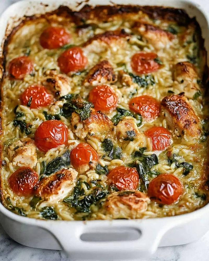 Creamy Baked Chicken Orzo with Spinach & Roasted Cherry Tomatoes